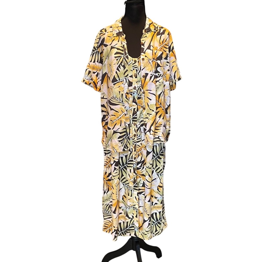 Natural Reflections Tropical Palm Leaf Dress & Shirt 2pc Set Yellow S/M Vacation